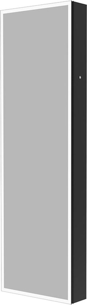 A product image of a black LED mirror cabinet with a white frame and a gray mirrored surface.