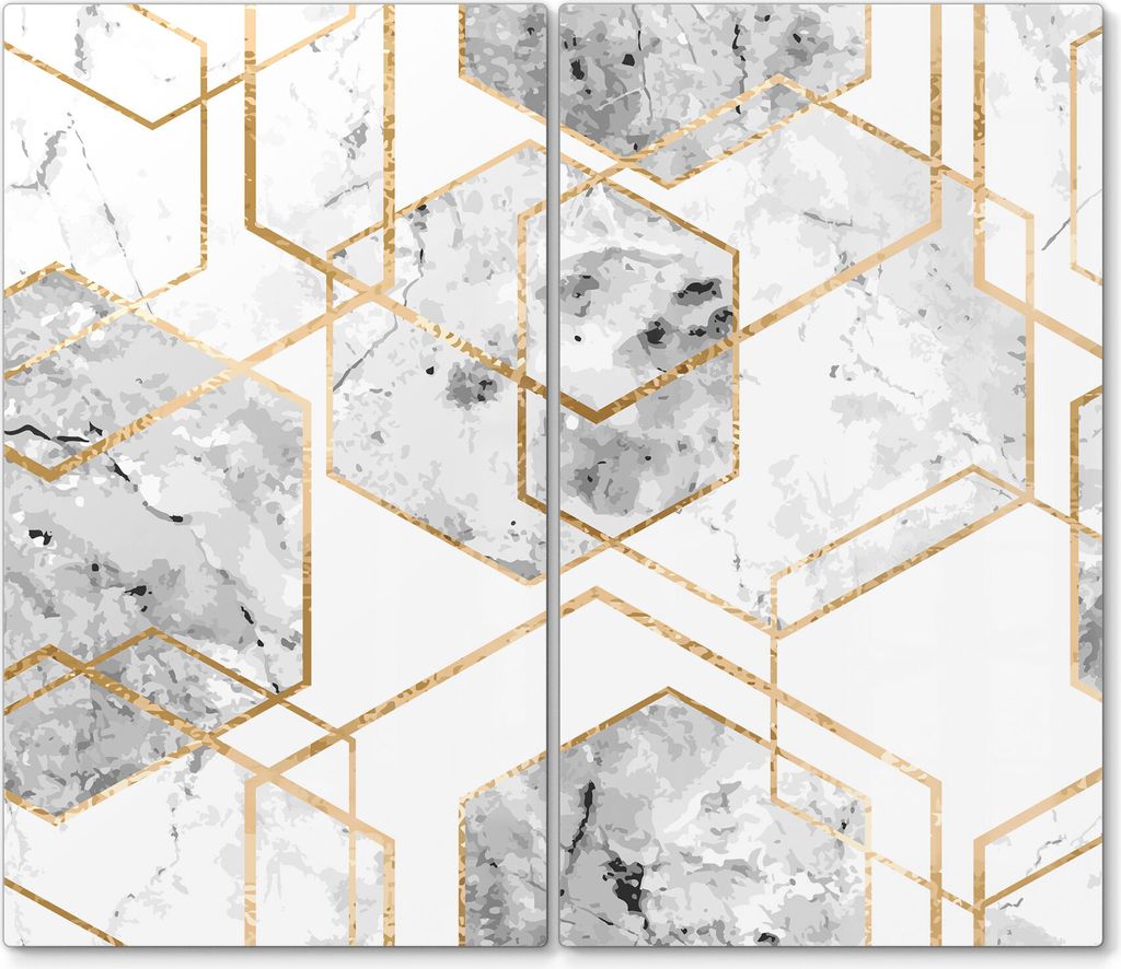 DEQORI Herdabdeckplatte Glas 2-tlg 'Goldgerahmte Sechsecke' Herd Abdeckung Küche