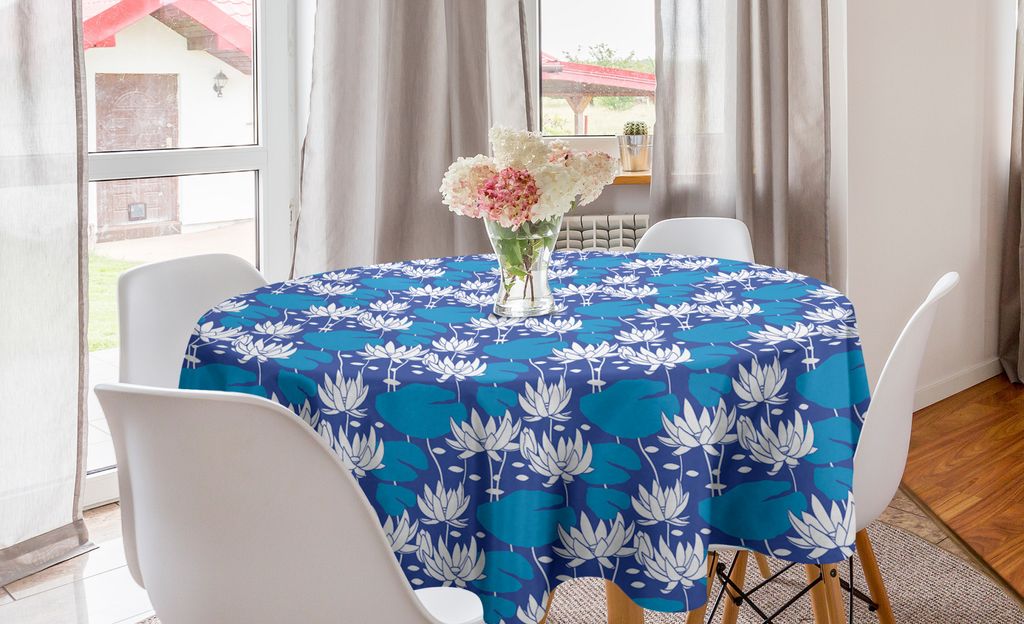 ABAKUHAUS Blumen Runde Tischdecke, Wasser-Lilien-Blumen, Kreis Tischdecke Abdeckung für Esszimmer Küche Dekoration, 150 cm, Violet Blue Sea Blue