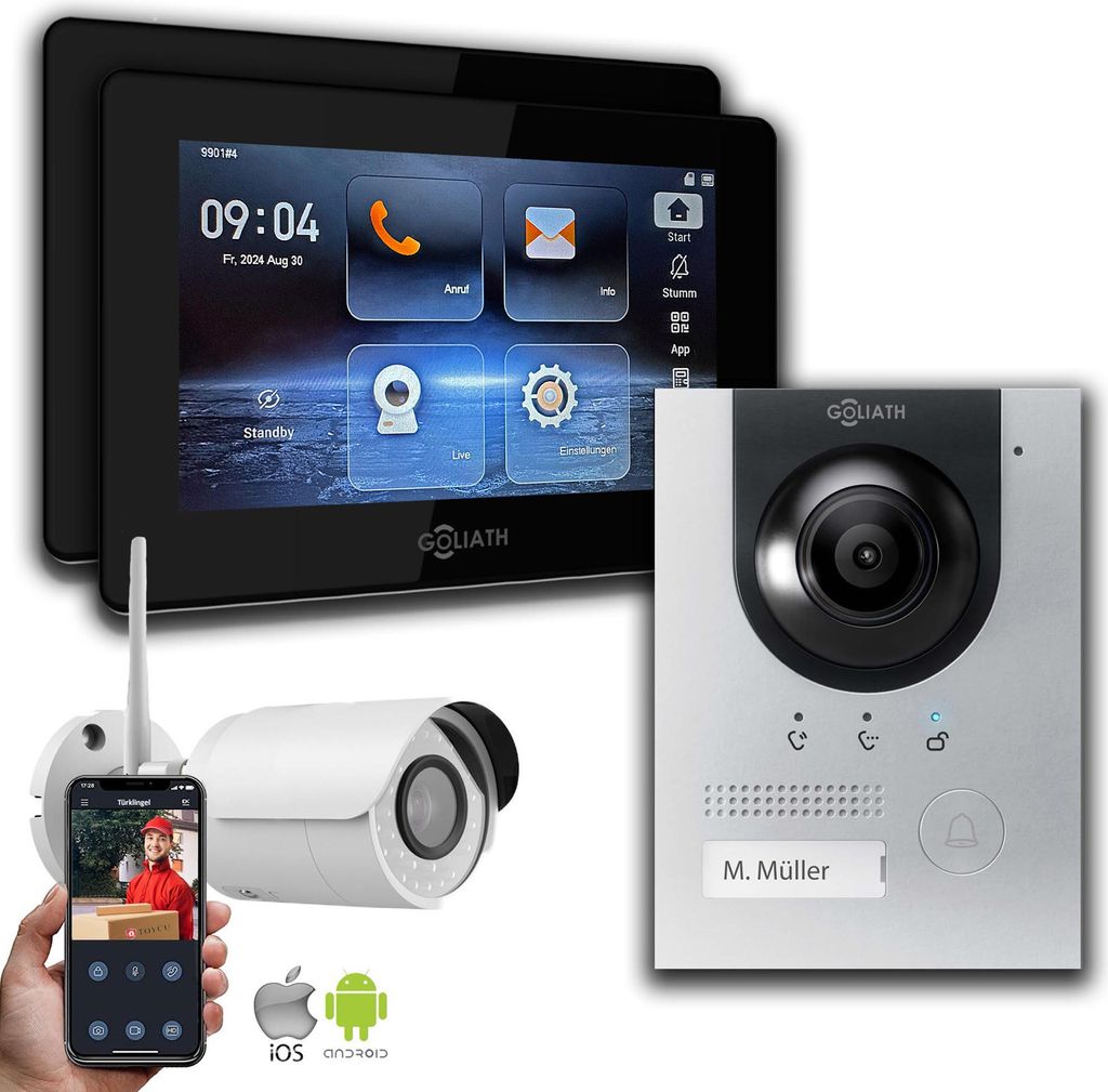 2-Draht BUS Gegensprechanlage | Silber 2x Monitore 1x IP-Kamera : 7 Zoll Schwarz : Unterputzdose Monitor Farbe: 7 Zoll Schwarz Montage: Unterputzdose