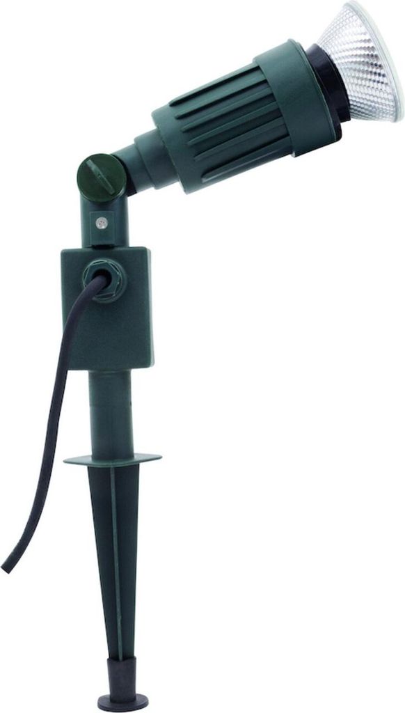 A green garden spotlight with a ground stake, shown against a white background.