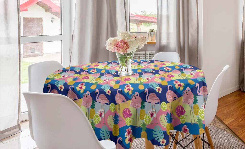 ABAKUHAUS Tovaglia rotonda tropicale, fenicotteri e pianta monstera, tovaglia circolare per sala da pranzo e cucina, 150 cm, multicolore