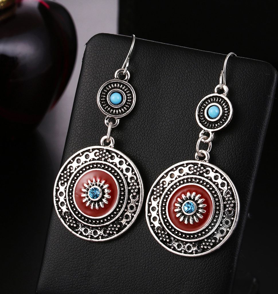 Damen-Ohrringe mit Strass-Intarsien, Emaille-Blume, lang, ethnisch, rund, mit Haken
