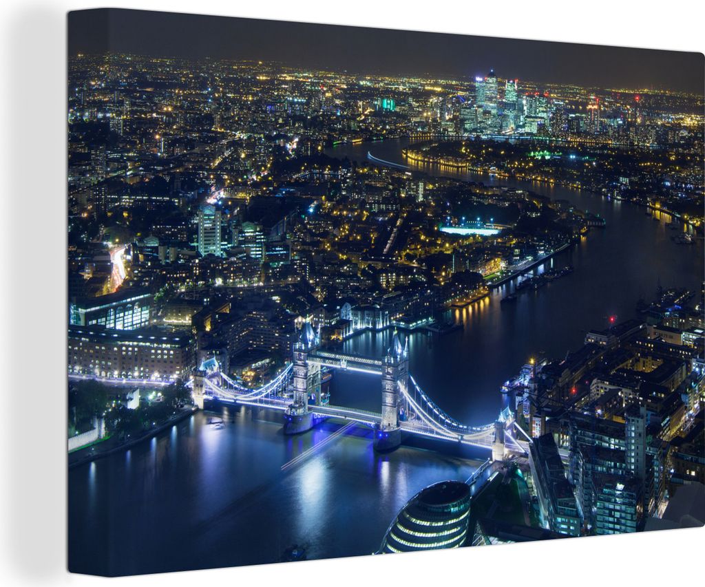 OneMillionCanvasses - Leinwandbilder - 150x100 cm, Luftaufnahme von London mit der Tower Bridge mitten in der Nacht, Wandbilder Kunstdruck Wandde...