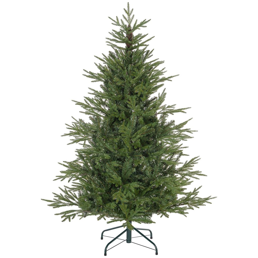 A green artificial Christmas tree on a white background.