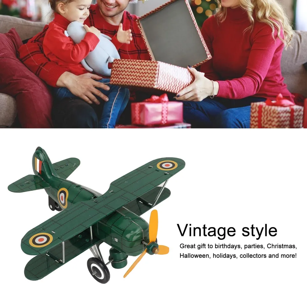 Figurine avion à remontoir rétro en tôle sérigraphiée jaune Série B - 5