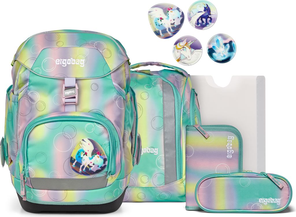 A set of school supplies including a backpack, pencil case, and other accessories, all featuring a colorful, bubbly unicorn theme.