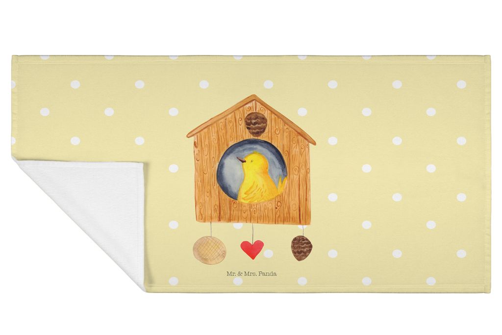Mr. & Mrs. Panda Handtuch Vogel Haus - Gelb Pastell - Geschenk, Händehandtuch, Flauschtuch, 50x100, Zuhause, Lustige Sprüche, kleines, Vogelhaus,...