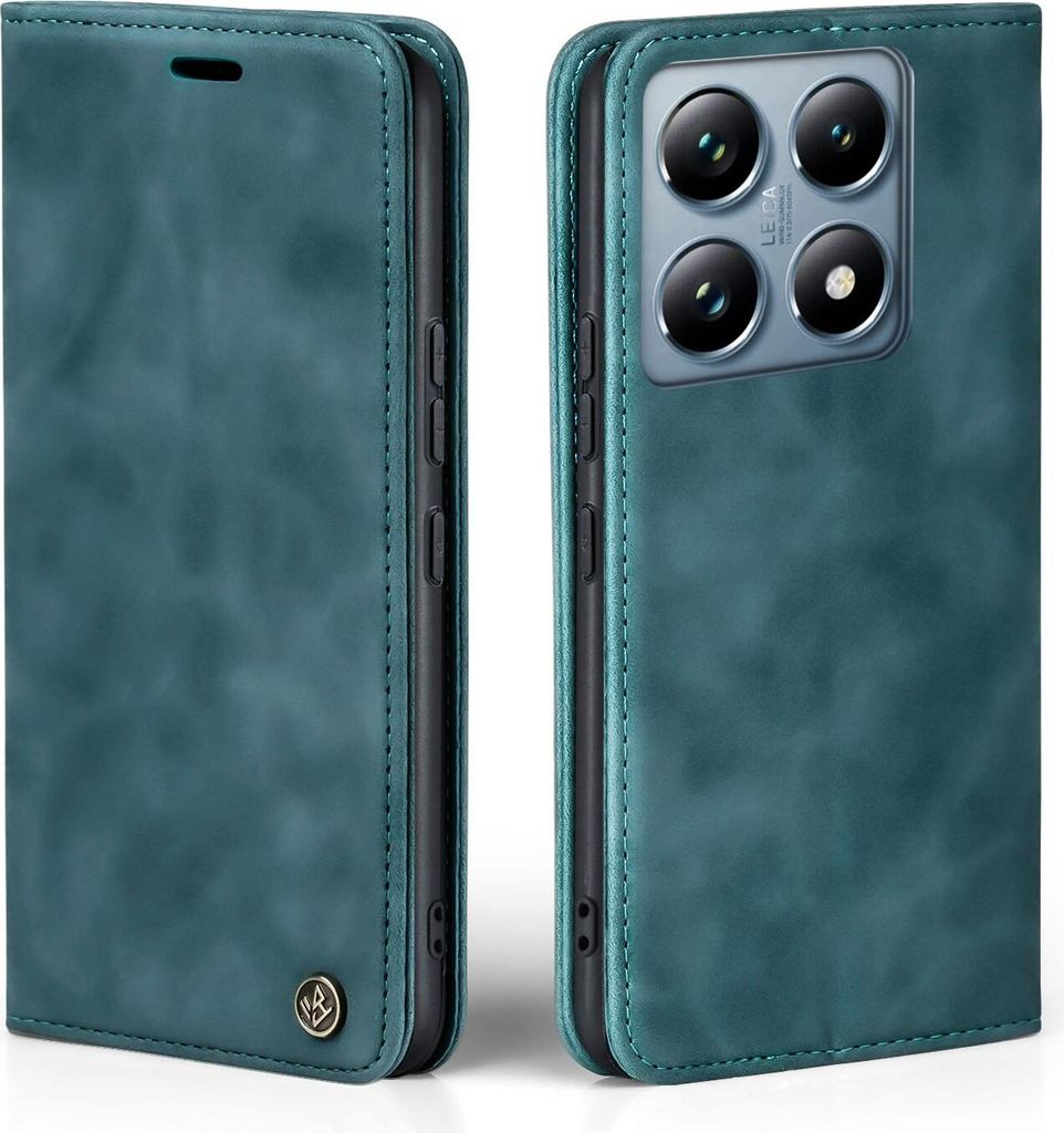 A teal-colored flip case for a smartphone is shown from the front and back.