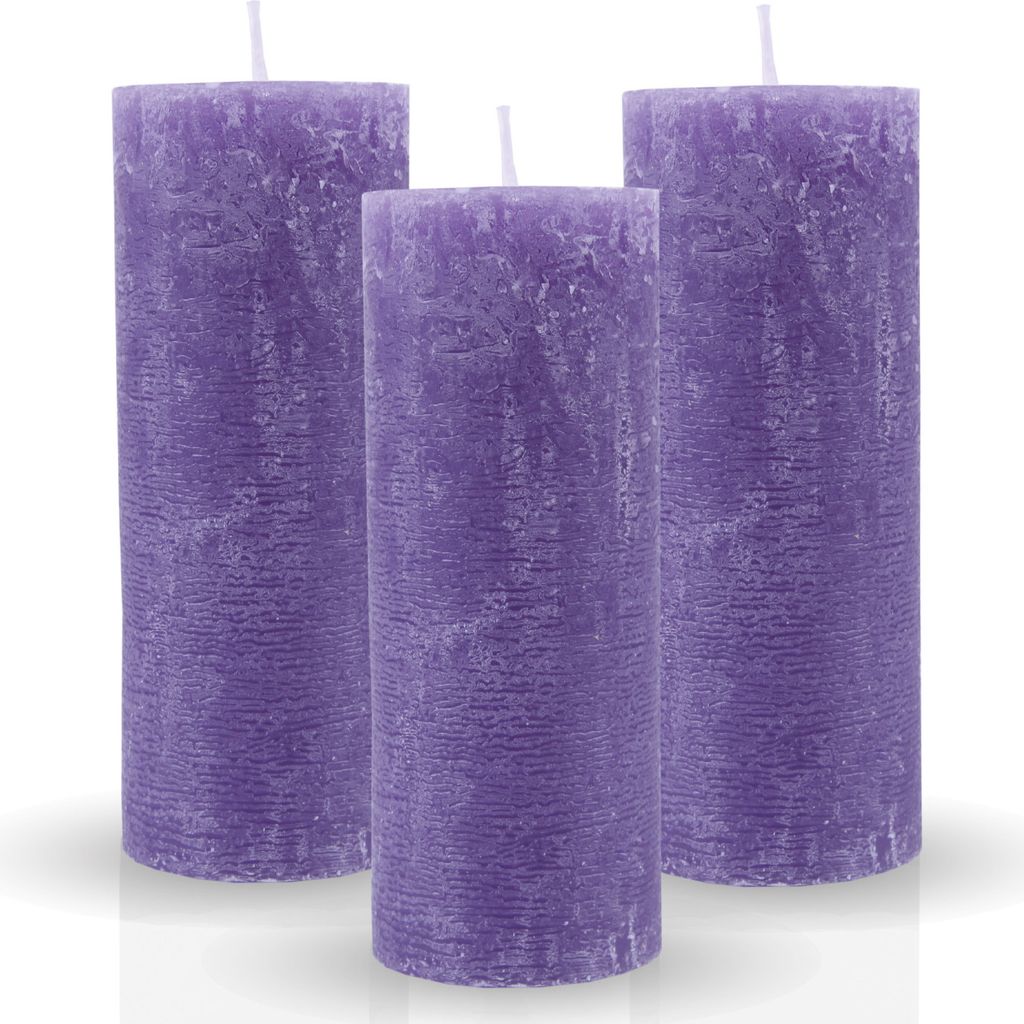 Rustikale Stumpenkerze 3er-Pack "Lila" vers. Farben/Größen - lange Brenndauer Antik Kerze, Duftfreie Altarkerze - Dekokerze, Adventskerze