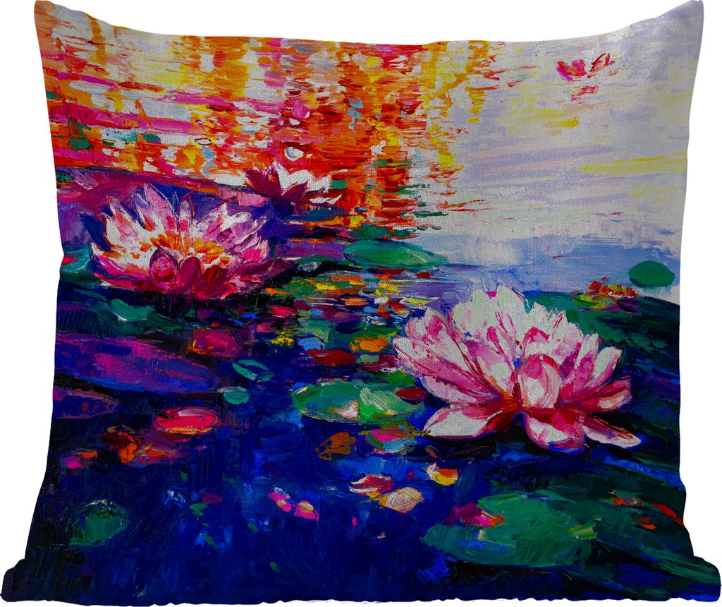 MuchoWow Outdoor Kissen - Gemälde - Öl - Seerose - Wasser - 60x60 cm - Wetterfest - Lounge Kissen - Dekoration - Schlaf Kissen