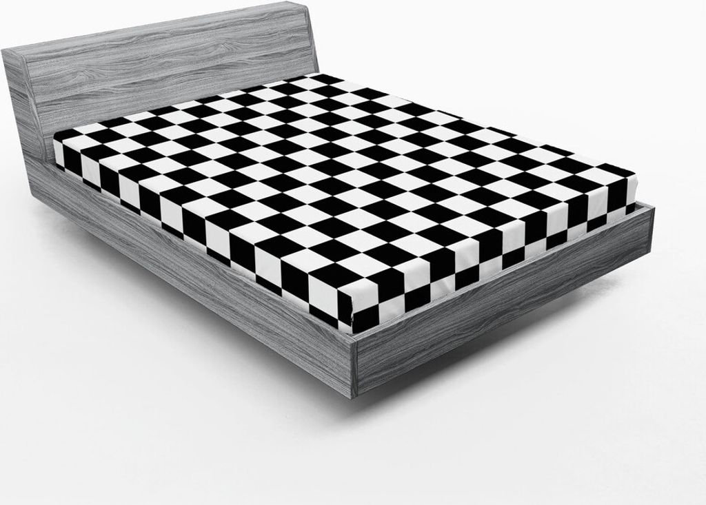 ABAKUHAUS Checkers Spiel Spannbetttuch, Geometrische Gitter-Art-Monochrom-Quadrate im traditionellen Spielbrett-Design, 160 x 200 cm, Weiß Schwarz