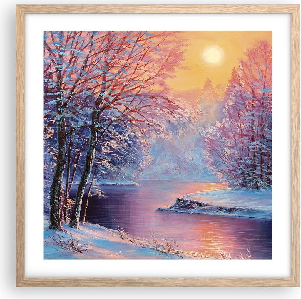 Gerahmtes Poster - Rahmen in heller Eiche - Öl Winter Fluss - 50x50 cm - Wand Bild - Wanddeko - Wandbilder - Kunstposter - Wandposter - Bilderrahm...