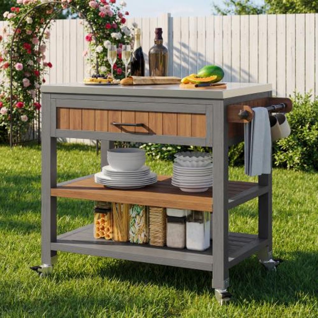 Mobiler Gartenschrank mit Edelstahl Arbeitsplatte und Rädern Wetterfeste Grillstation mit Schublade Doppelregal und Handtuchhalter Silber Natur
