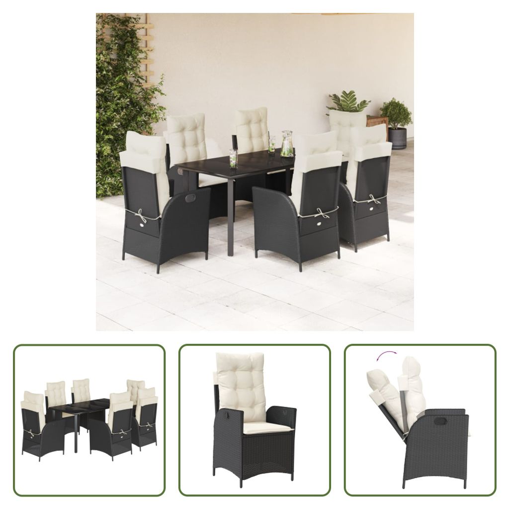 The Living Store 7-tlg. Garten-Essgruppe mit Kissen Schwarz Poly Rattan