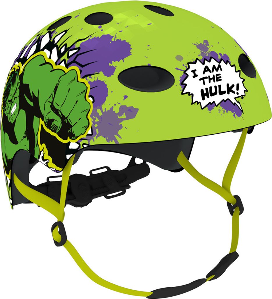 A green Hulk-themed bicycle helmet for boys.