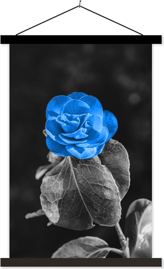 MuchoWow Textilposter Blumen - Rose - Schwarz - Weiß - Blau 60x90 cm mit schwarzem Rahmen - Poster Wohnzimmer