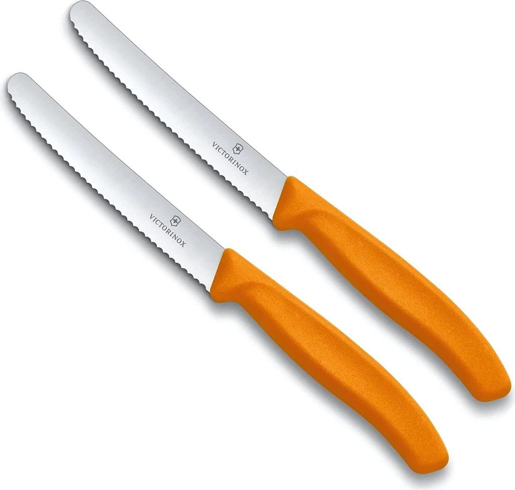 Victorinox | Küchenmesser-Set | 2 Stück Orange | Klingenlänge: 11cm | Extra scharfer Wellenschliff | Tafelmesser mit ergonomischen Griff