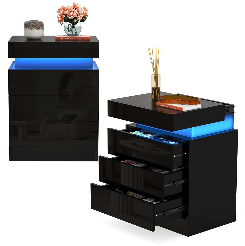 Nachttisch - Beistelltisch mit 3 Stoffschubladen - LED Beleuchtung 16 Farben - Schiebeblatt - Metallgestell - Modernes Design - Schwarz