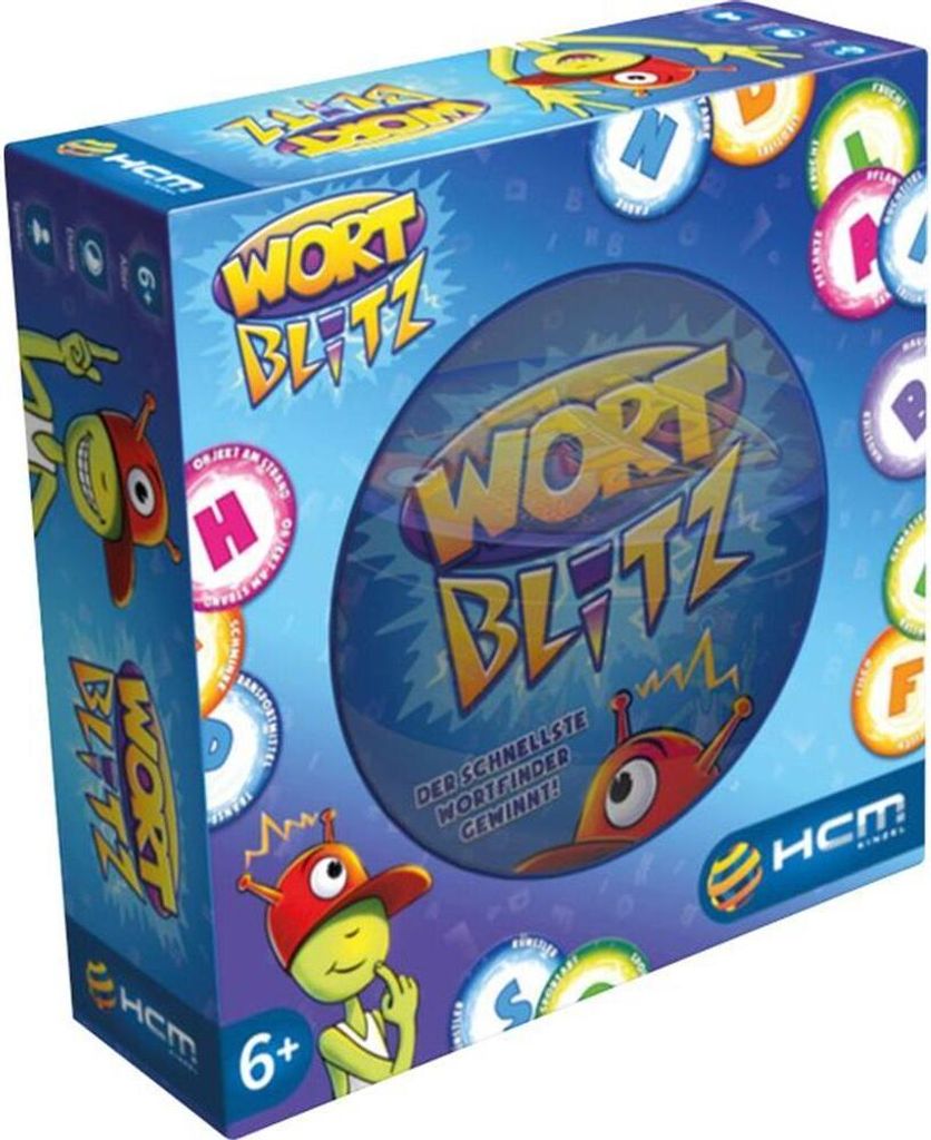 The image shows the front and side of a board game box for 'Wortblitz'.