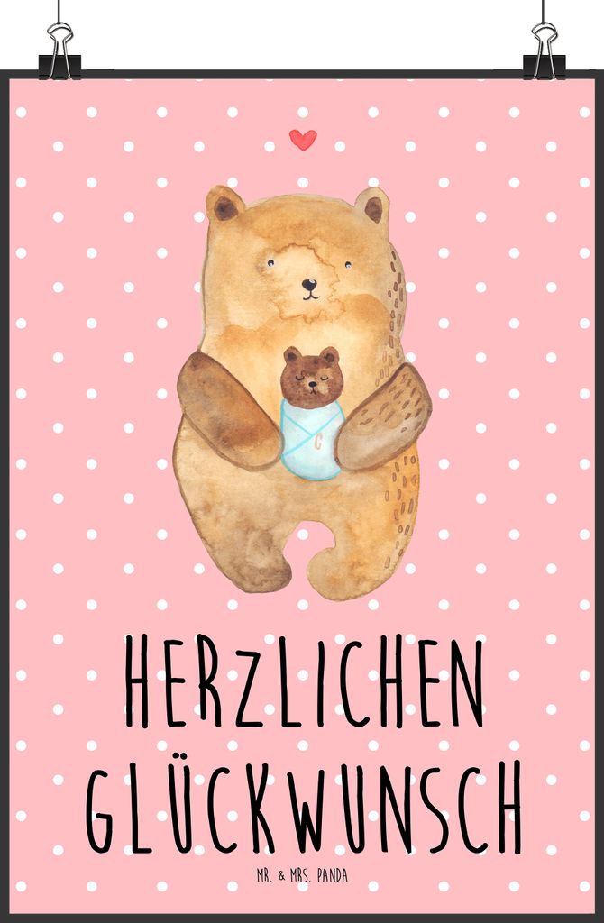 Mr. & Mrs. Panda Bild Bär Baby DIN A2 - Rot Pastell - Geschenk, Wandbild, Plakat, Geburt, Kunstdruck, Mutter, Enkelin, wanddeko, Geburtstag, Teddy...