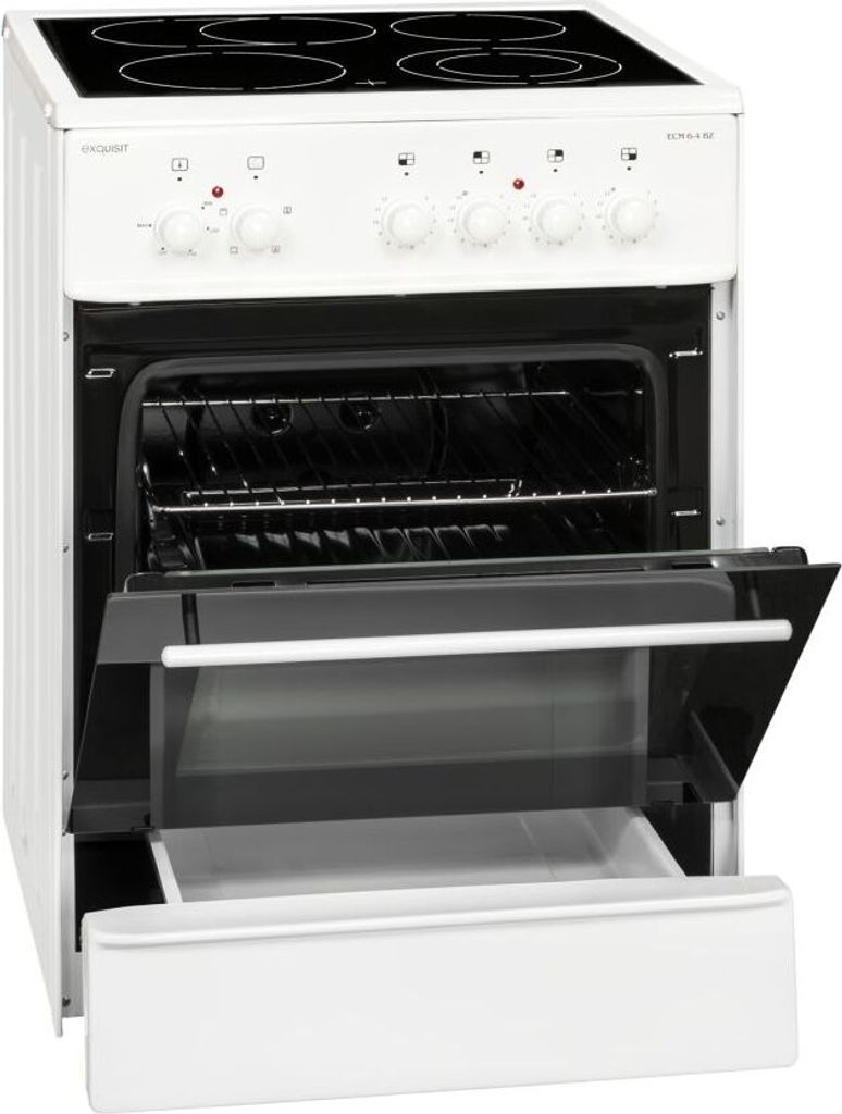 A white freestanding electric cooker with the oven door open and a storage drawer pulled out.