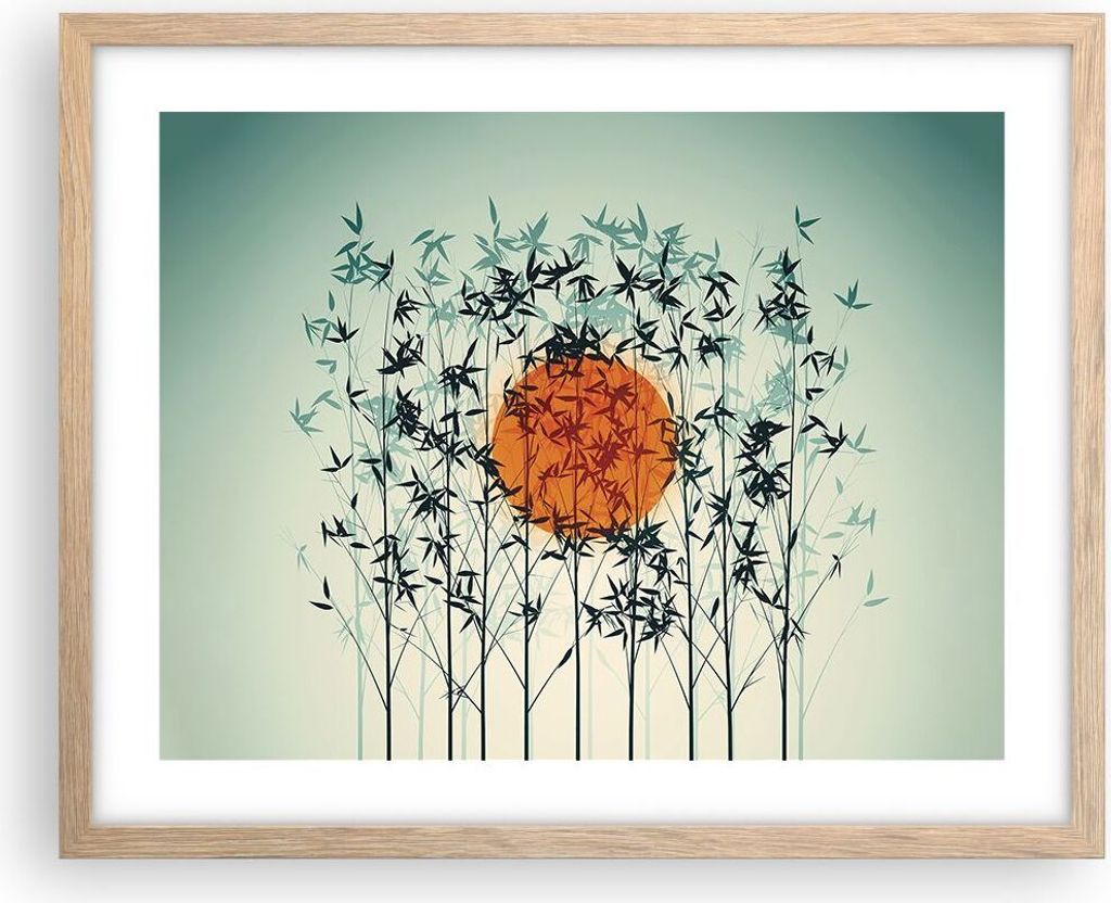 Gerahmtes Poster - Rahmen in heller Eiche - Westen Sonne Gras - 50x40 cm - Wand Bild - Wanddeko - Wandbilder - Kunstposter - Wandposter - Bilderrah...