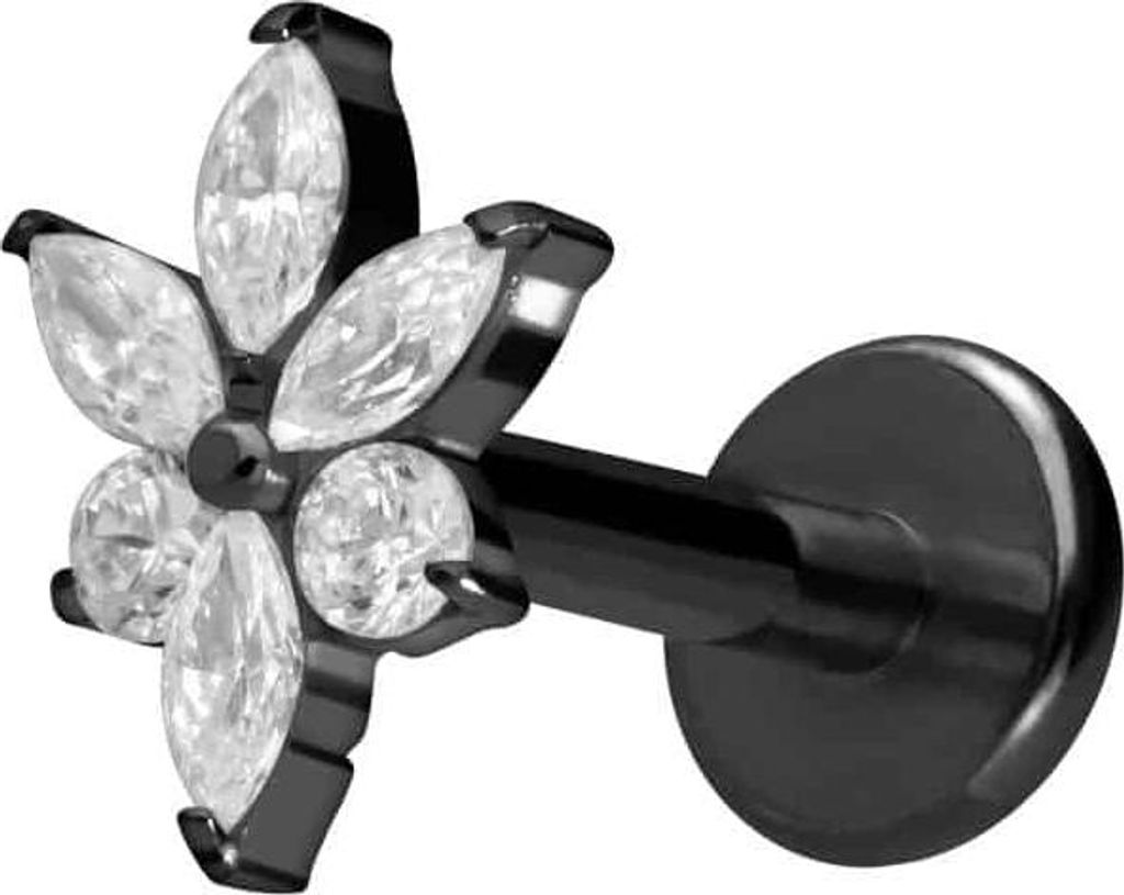 Ohrpiercing, Nasenpiercing Titan Labret mit Innengewinde KRISTALLBLUME Schwarz Stablänge: 7mm | Stabstärke: 1,2mm