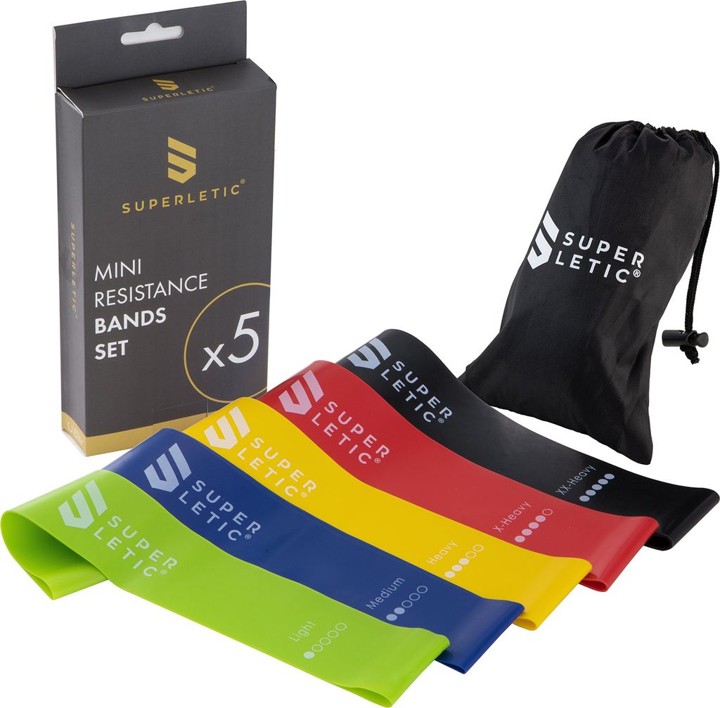 SUPERLETIC Mini Widerstandsbänder für Fitness & Training; Workout Latex Fitnessband-Set für Männer und Frauen; Klimmzughilfe, 5 Widerstandsstä...