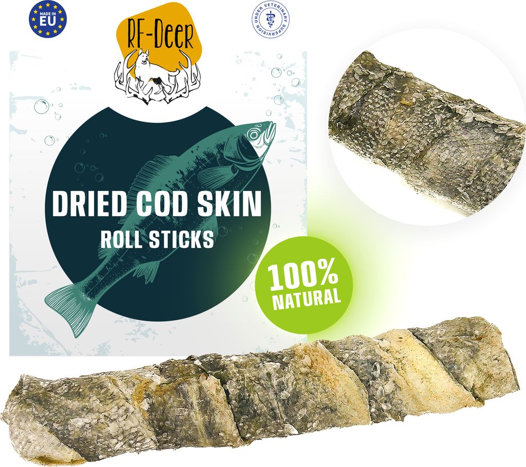 RF-DEER: 10 Stück 250-300g 14-16cm getrocknete Dorschhaut Kabeljauhaut Fisch Dorsch 100% natürliche Kauartikel Kausnack für alle Hunde