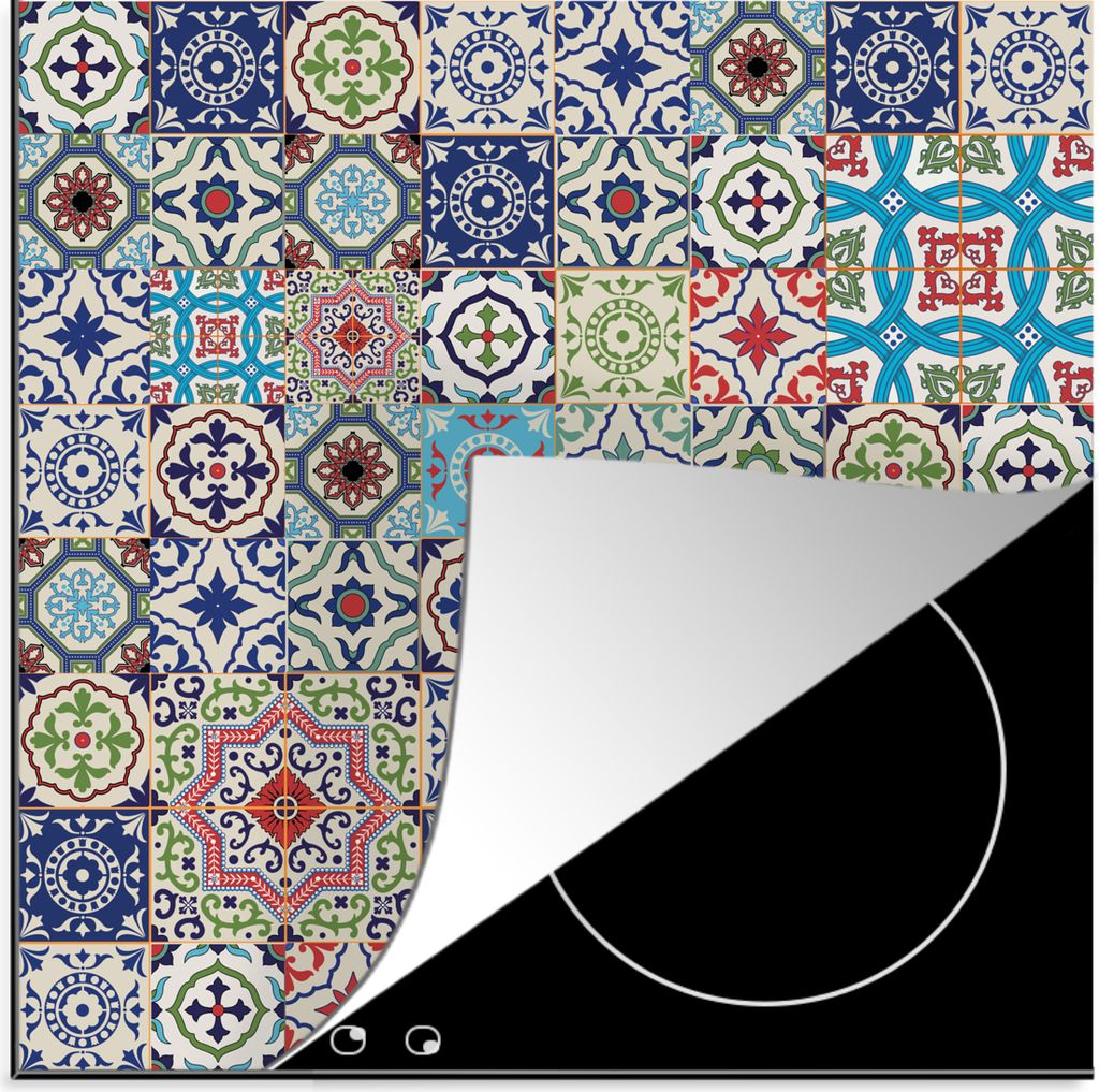 KitchenYeah Herdabdeckplatte Blumen - Muster - Grün - Blau , 78x78cm, Küche Deko, Glaskeramikkochfeld Herdabdeckung, Abdeckplatte fùr Kochfeld