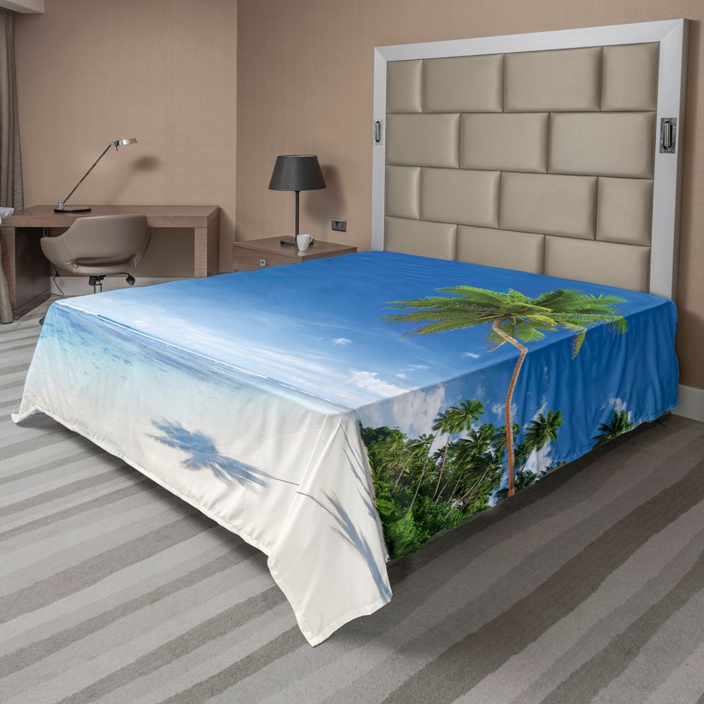 ABAKUHAUS Ozean Bettlaken, Tropischer Strand Mit Palmen Im Ozean Sommer Paradies Bild Moderner Entwurf, weiches bequemes oberes Bettlaken für ein ...