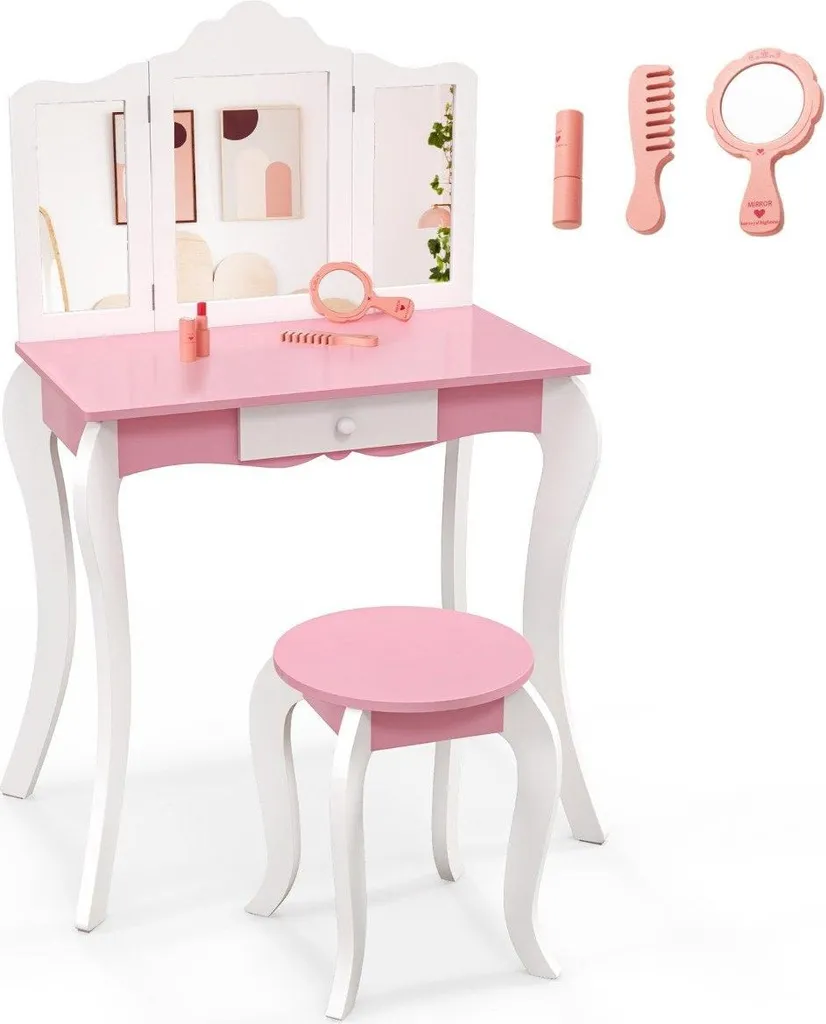 Coiffeuse pour enfants 2 en 1 avec tabouret et miroir amovible blanc