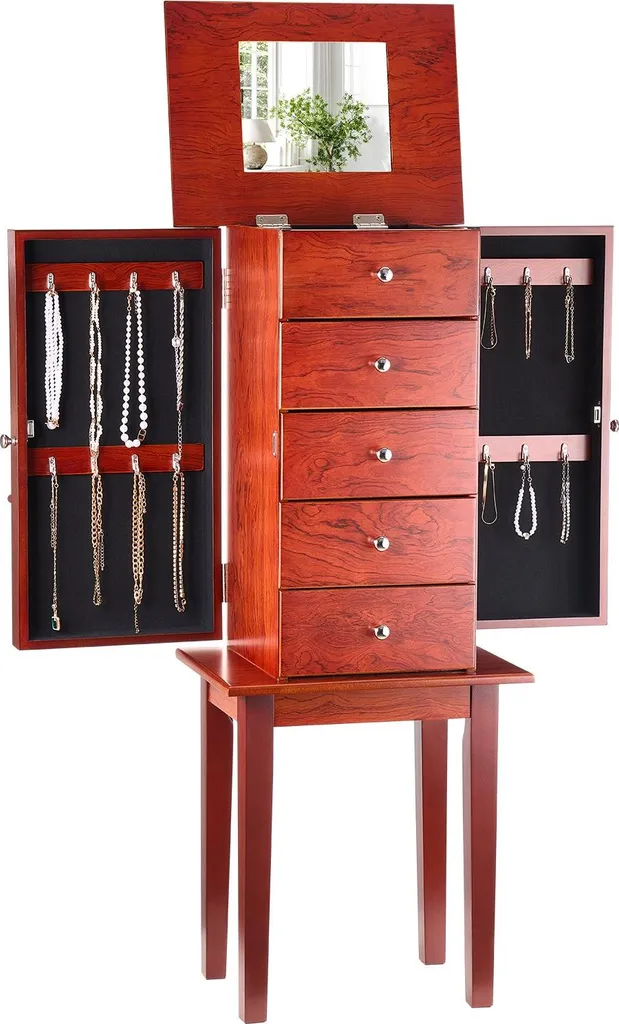Armoire à bijoux sur pied en bois avec miroir rabattable et 4 tiroirs