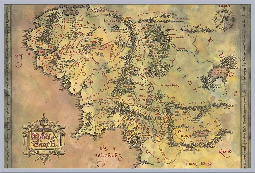 Décoration Murale Seigneur des Anneaux Carte Terre du Milieu Cadre Argent