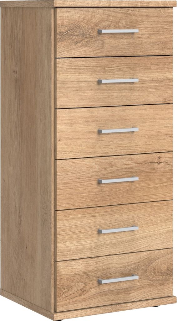 Kommode "Click" aus Spanplatte in Plankeneiche-Nachbildung mit 6 Schubladen. Abmessungen (B/H/T) 46x106x40 cm
