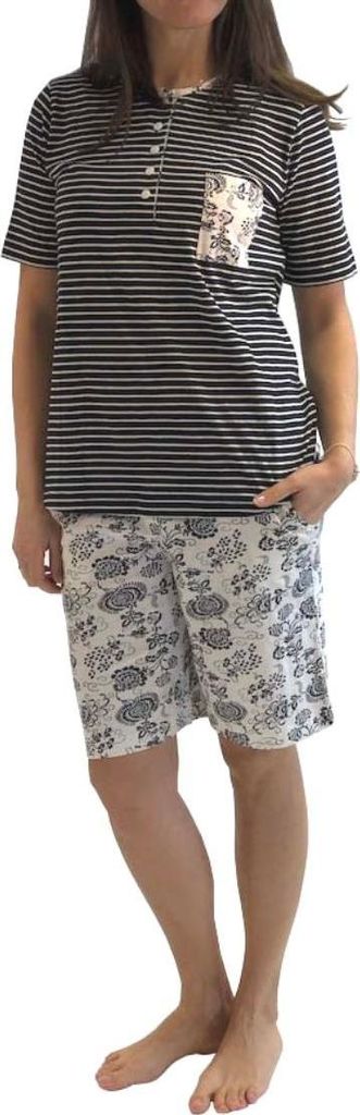 Damen Shorty-Pyjama kurzarm, Oberteil gestreift, kurze Shorts Hose mit Blümchenmuster 191 205 90 881 ; marine , 36