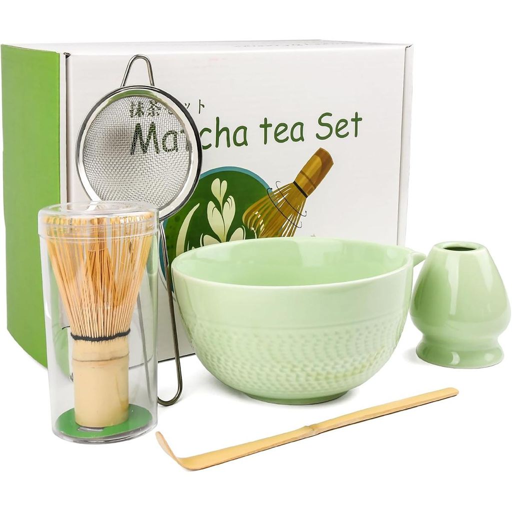 5-teiliges Matcha-Tee-Set – Bambus-Schneebesen, Löffel, Edelstahlsieb, 580 ml Keramikschüssel und Schneebesenständer – Premium-Matcha-Set