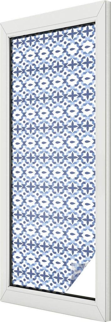 Buntglas Fensterfolie – 146x50 cm – Stained-Glass Design – blickdichte dekorative Sichtschutzfolie – selbstklebend, UV-Schutz – Blaues Mo...
