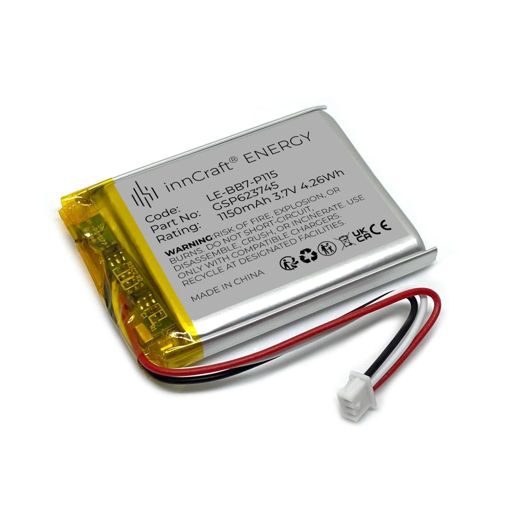 A close-up studio shot of a lithium-ion battery with wires and a connector.