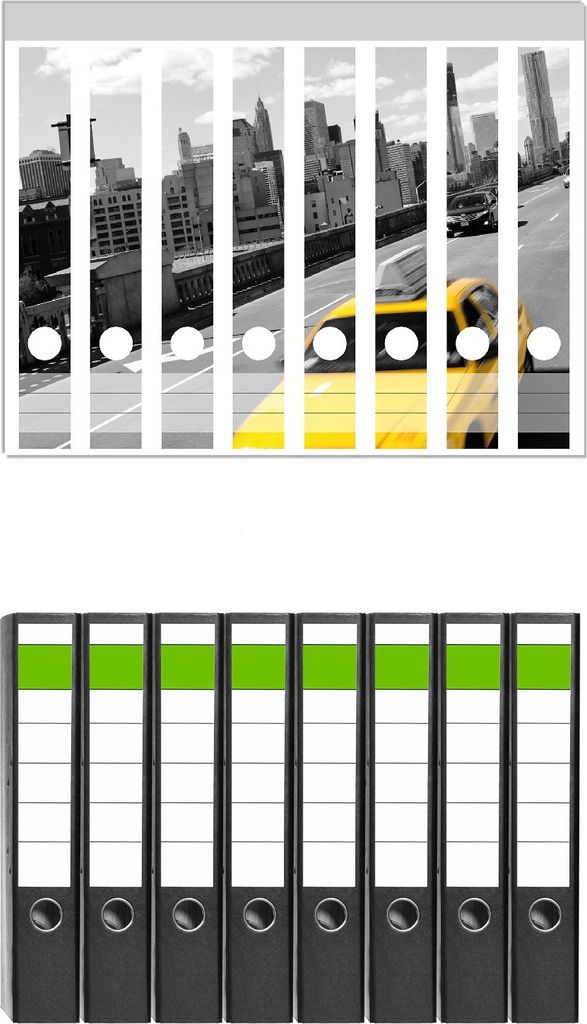 Wallario 8 Stück schmale Ordner inkl. Klebeetiketten mit Motive New York Yellow Taxi II - Set mit Rückenschildern / Ordnerrücken Stickern
