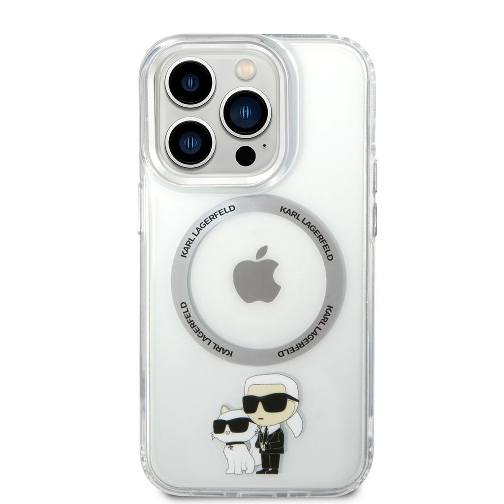 A clear, professional shot of an iPhone 14 Pro case with Karl Lagerfeld and Choupette graphics.