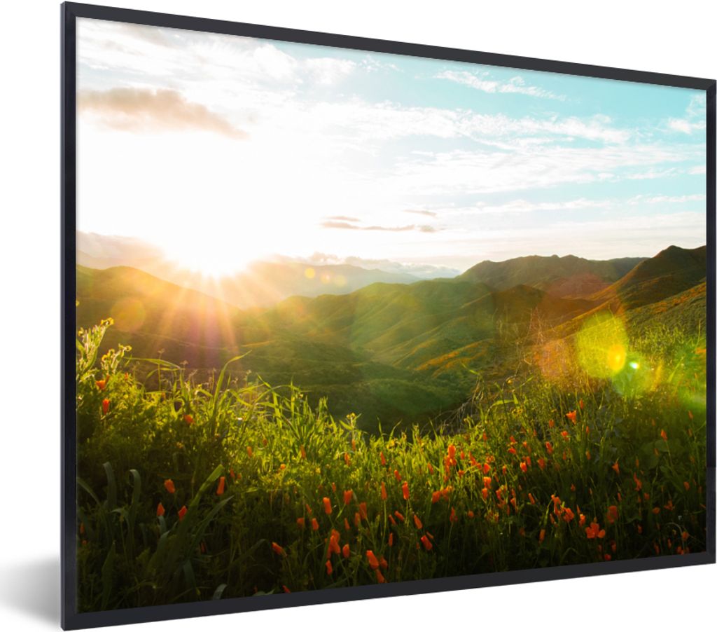 MuchoWow Gerahmtes Poster Hügel - Sonnenuntergang - Gras - Grün 80x60 cm - Poster mit Schwarzem Bilderrahmen Wandposter Rahmen Foto Bilder - Sc...