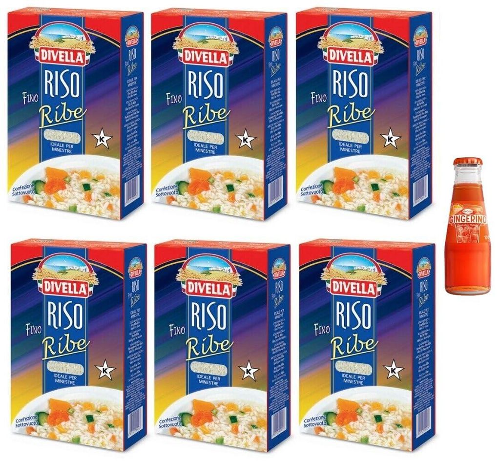 6 x Divella Reis Ribe, Reis bis in Bohnen, ideal für Suppen und Suppen, Vakuumverpackung 1 kg + 1 x Recoaro Aperitivo Italiano Ingwer 10 cl gratis