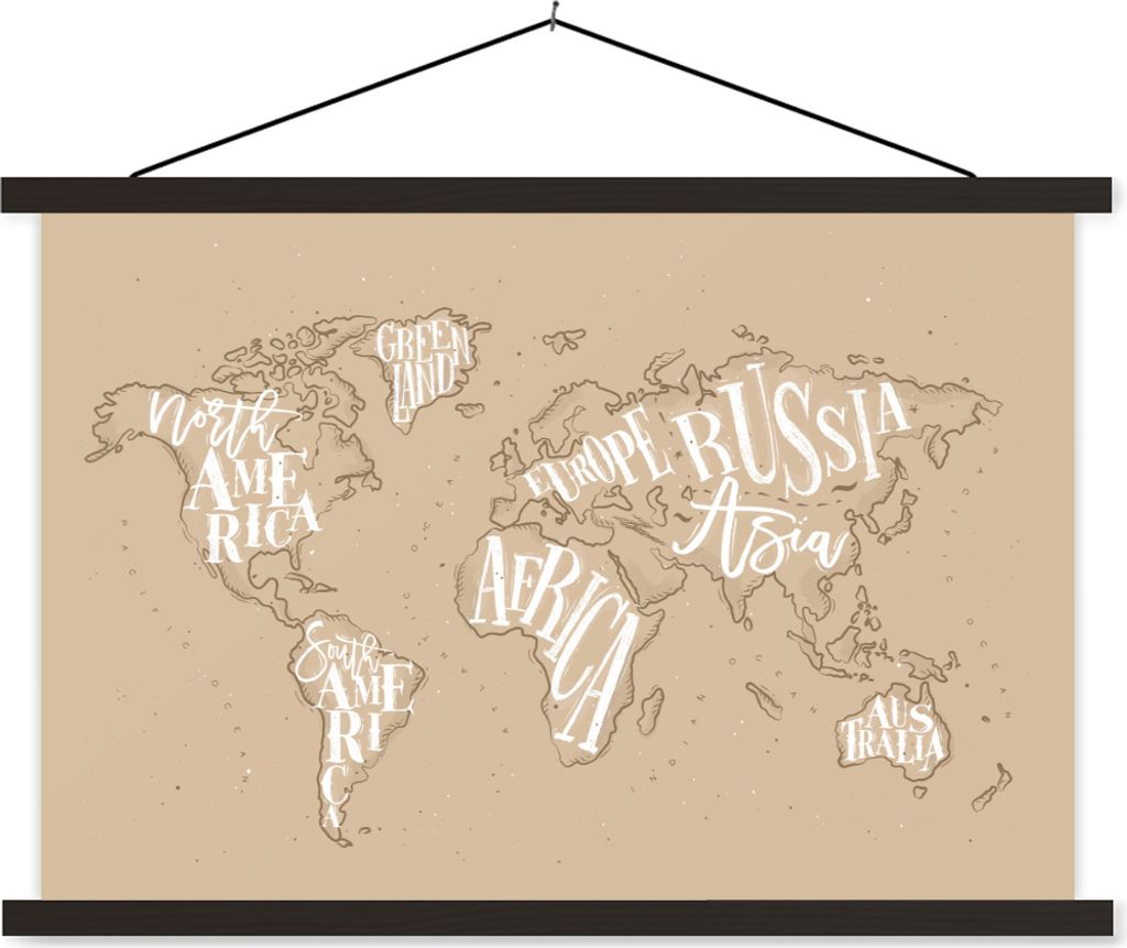 MuchoWow Textilposter Weltkarte - Buchstaben - Weiß 150x100 cm mit schwarzem Rahmen - Schlafzimmer