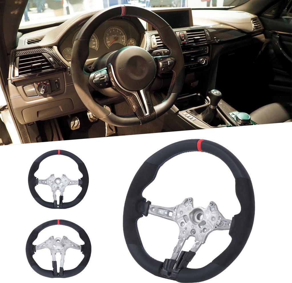 Für M Performance V2 Flachboden-Lenkrad aus Nappa-Wildleder, Ersatz für F8X M2 M3 M4 (roter 12-Uhr-Ring)