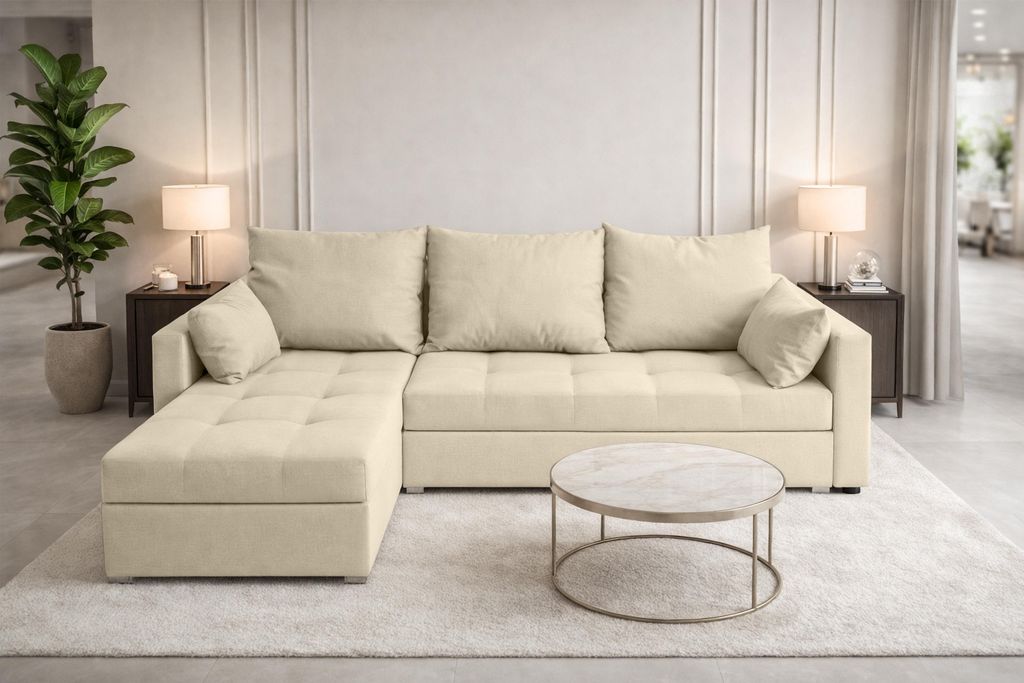 AX LIVING Ecksofa ELIF Creme mit Schlaffunktion L-Form, Sofa mit Bettkasten - Moderne Ecksofa, Wohnzimmer Ecksofa - Eckcouch Creme - Links