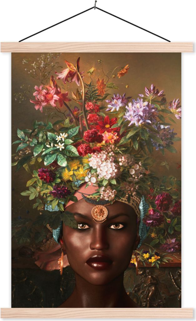 MuchoWow Textilposter Frau - Blumen - Farben 40x60 cm mit holzfarbenen Rahmen - Poster