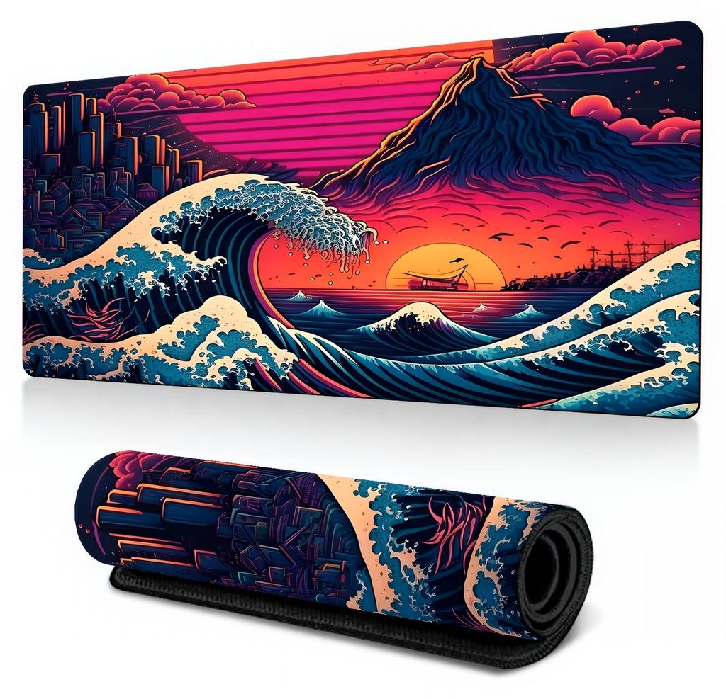 Wulkan Xxxl Gaming Mauspad 90X40 Cm – Japanisches Wellen- & Vulkan-Design, Wasserdicht, Rutschfest, Vernähte Kanten, Xxl Schreibtischunterlage
