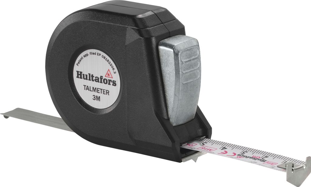 A black Hultafors Talmeter tape measure with a silver locking mechanism and a metal tape measure extended.